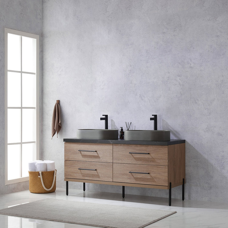 Vinnova 705160O-NO-SL Trento 60" Double Vanity in North American Oak with Black Sintered Stone Top with Oval Concrete Sink