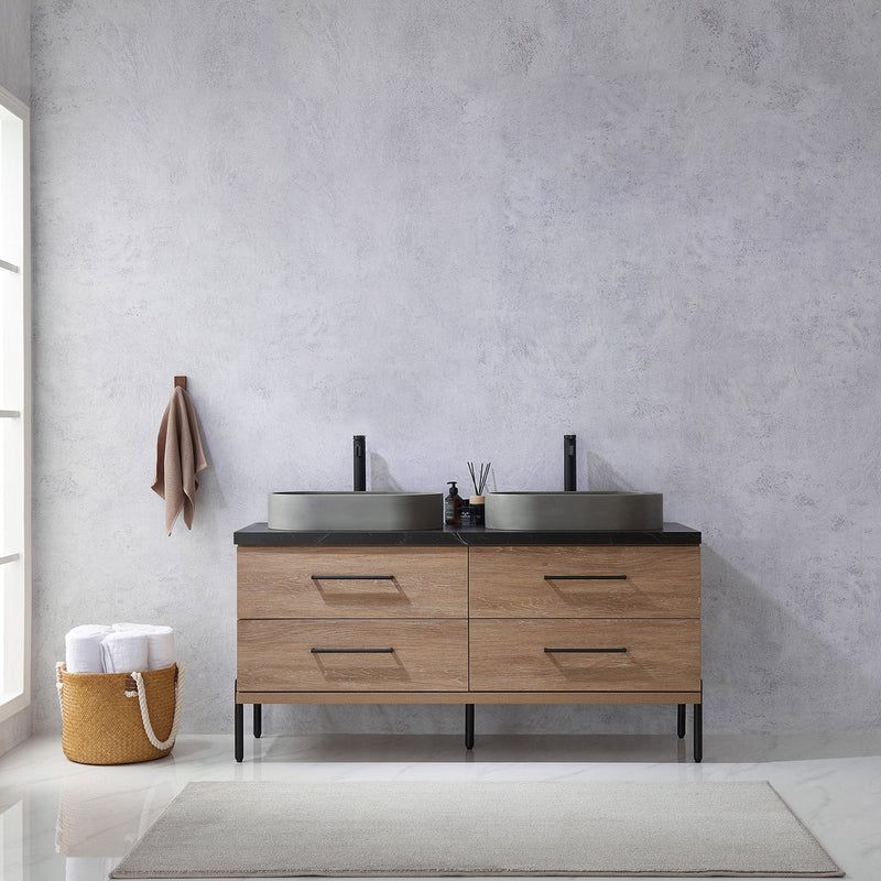 Vinnova 705160O-NO-SL Trento 60" Double Vanity in North American Oak with Black Sintered Stone Top with Oval Concrete Sink