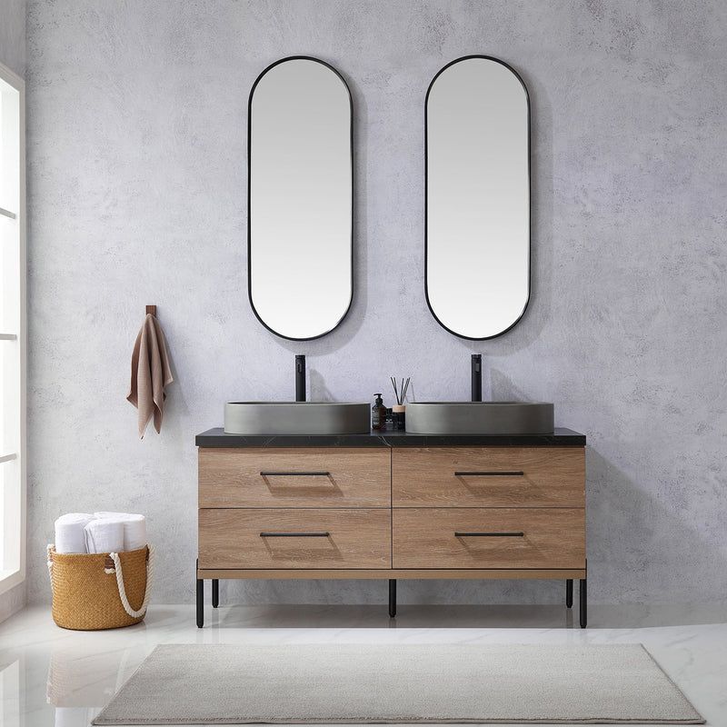 Vinnova 705160O-NO-SL Trento 60" Double Vanity in North American Oak with Black Sintered Stone Top with Oval Concrete Sink