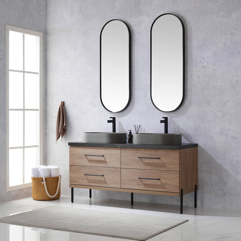 Vinnova 705160O-NO-SL Trento 60" Double Vanity in North American Oak with Black Sintered Stone Top with Oval Concrete Sink