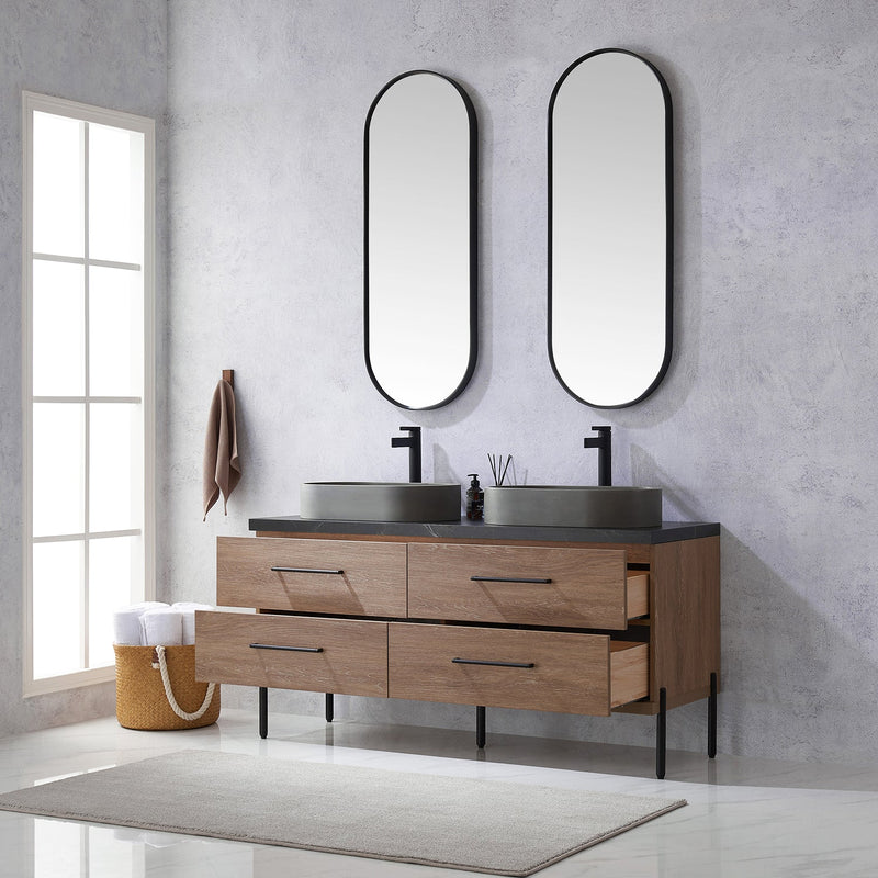 Vinnova 705160O-NO-SL Trento 60" Double Vanity in North American Oak with Black Sintered Stone Top with Oval Concrete Sink