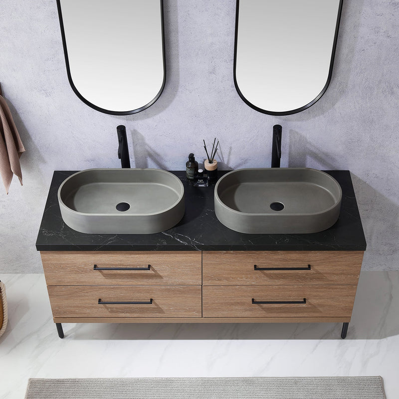 Vinnova 705160O-NO-SL Trento 60" Double Vanity in North American Oak with Black Sintered Stone Top with Oval Concrete Sink