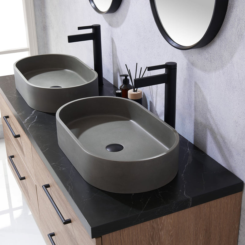 Vinnova 705160O-NO-SL Trento 60" Double Vanity in North American Oak with Black Sintered Stone Top with Oval Concrete Sink
