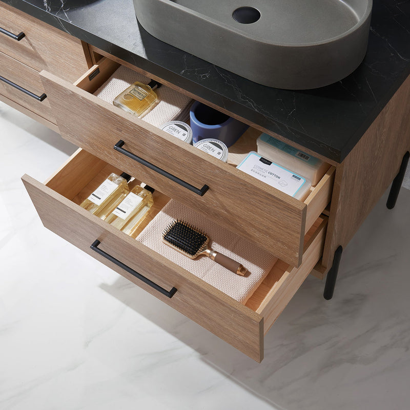 Vinnova 705160O-NO-SL Trento 60" Double Vanity in North American Oak with Black Sintered Stone Top with Oval Concrete Sink