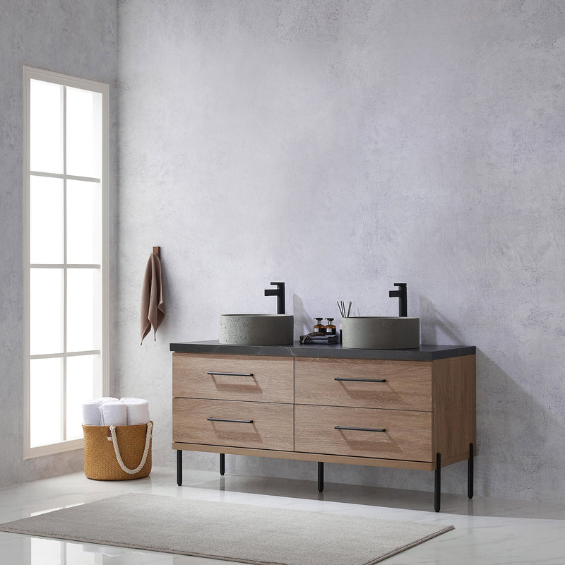Vinnova 705160R-NO-SL Trento 60" Double Vanity in North American Oak with Black Sintered Stone Top with Natural Circular Concrete Sink