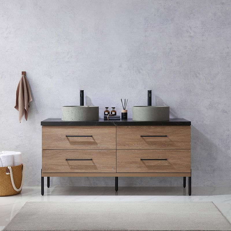 Vinnova 705160R-NO-SL Trento 60" Double Vanity in North American Oak with Black Sintered Stone Top with Natural Circular Concrete Sink
