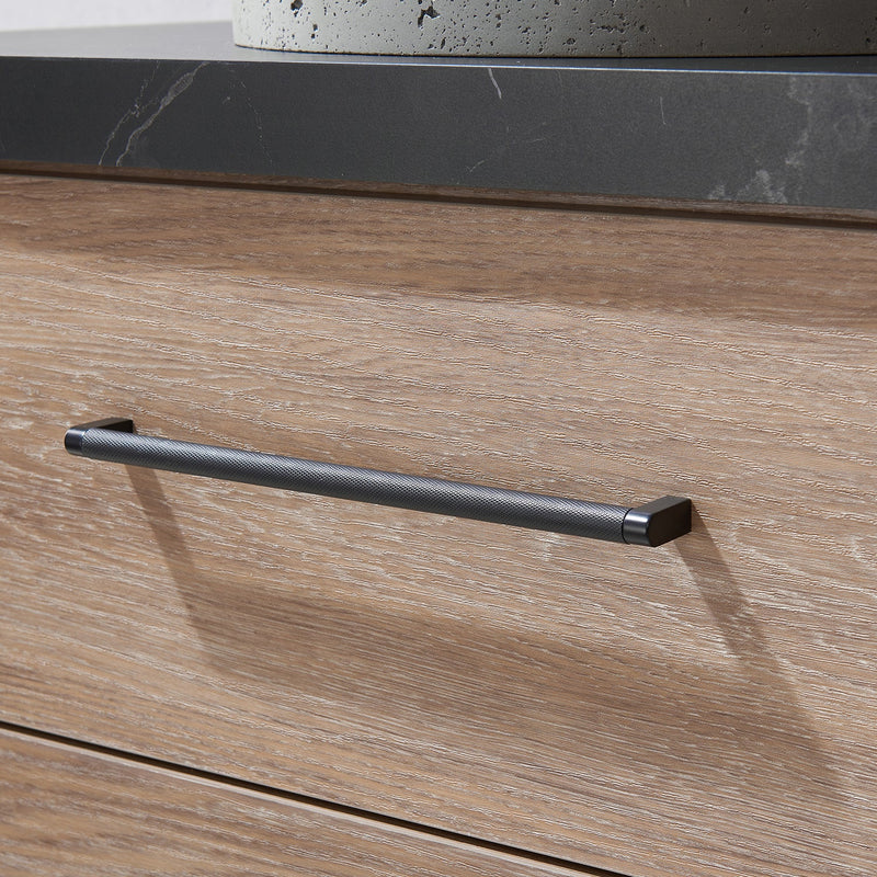 Vinnova 705160R-NO-SL Trento 60" Double Vanity in North American Oak with Black Sintered Stone Top with Natural Circular Concrete Sink