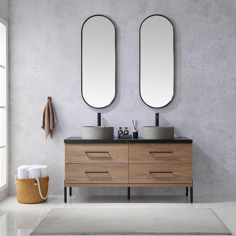 Vinnova 705160R-NO-SL Trento 60" Double Vanity in North American Oak with Black Sintered Stone Top with Natural Circular Concrete Sink