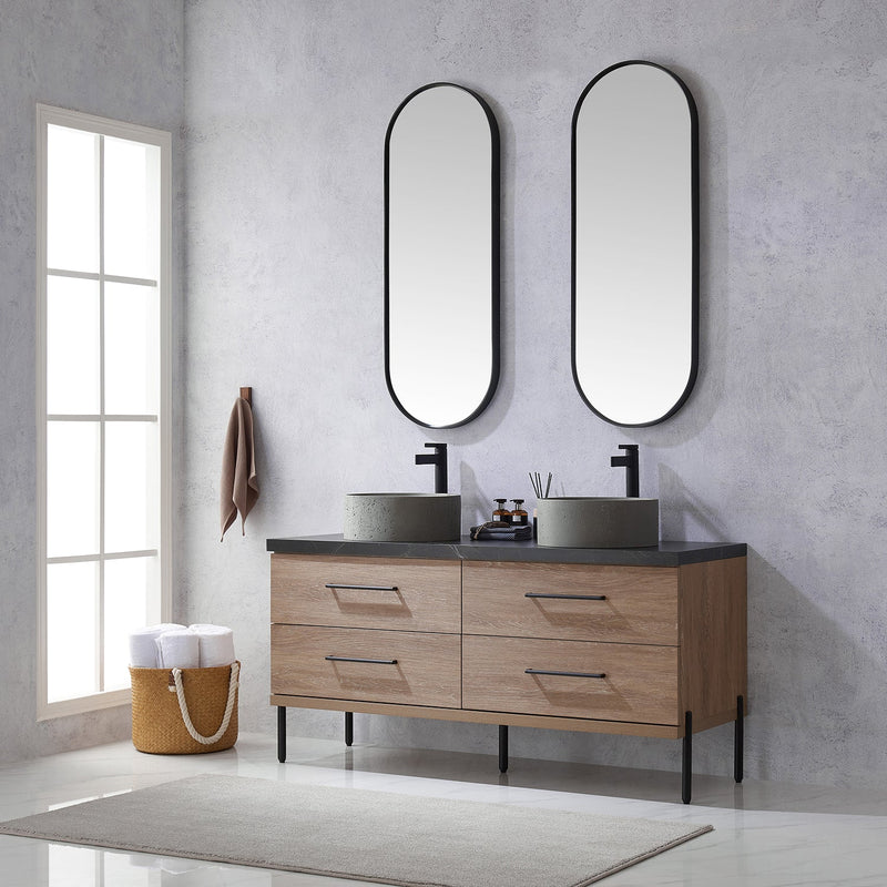 Vinnova 705160R-NO-SL Trento 60" Double Vanity in North American Oak with Black Sintered Stone Top with Natural Circular Concrete Sink