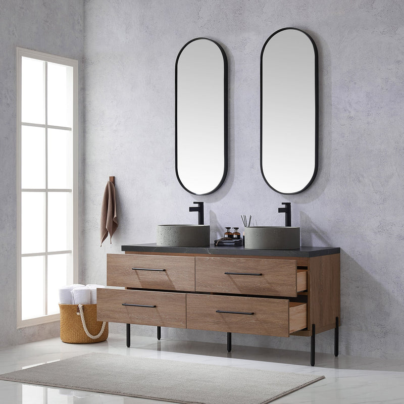 Vinnova 705160R-NO-SL Trento 60" Double Vanity in North American Oak with Black Sintered Stone Top with Natural Circular Concrete Sink