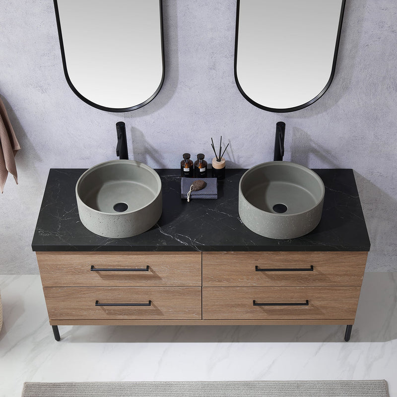Vinnova 705160R-NO-SL Trento 60" Double Vanity in North American Oak with Black Sintered Stone Top with Natural Circular Concrete Sink
