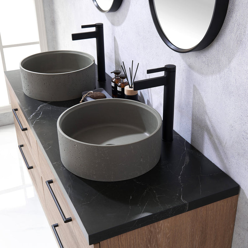 Vinnova 705160R-NO-SL Trento 60" Double Vanity in North American Oak with Black Sintered Stone Top with Natural Circular Concrete Sink