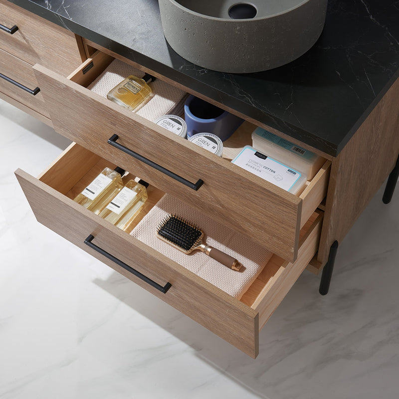 Vinnova 705160R-NO-SL Trento 60" Double Vanity in North American Oak with Black Sintered Stone Top with Natural Circular Concrete Sink