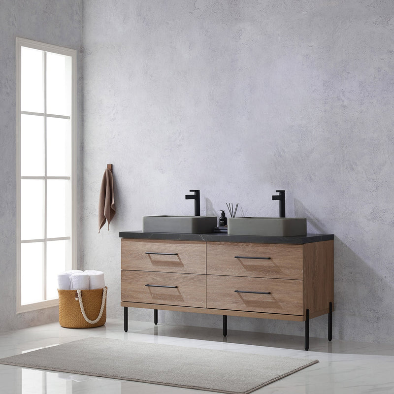 Vinnova 705160S-NO-SL Trento 60" Double Vanity in North American Oak with Black Sintered Stone Top with Rectangular Concrete Sink