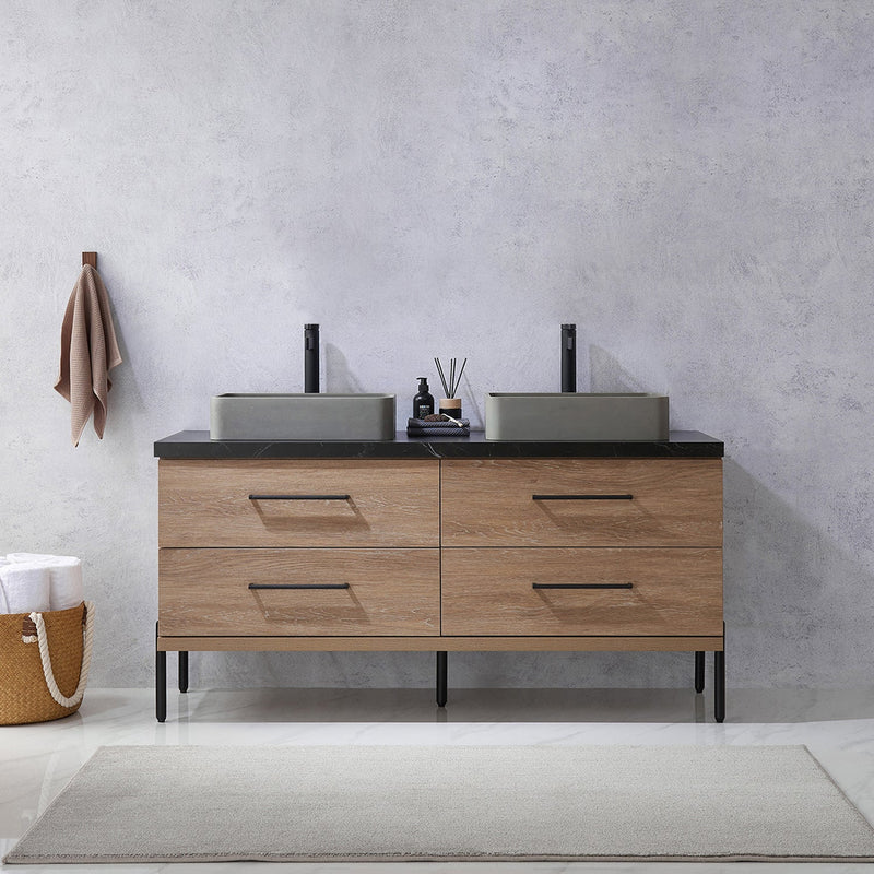 Vinnova 705160S-NO-SL Trento 60" Double Vanity in North American Oak with Black Sintered Stone Top with Rectangular Concrete Sink