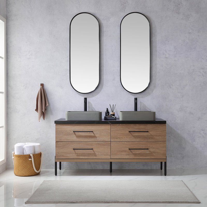 Vinnova 705160S-NO-SL Trento 60" Double Vanity in North American Oak with Black Sintered Stone Top with Rectangular Concrete Sink