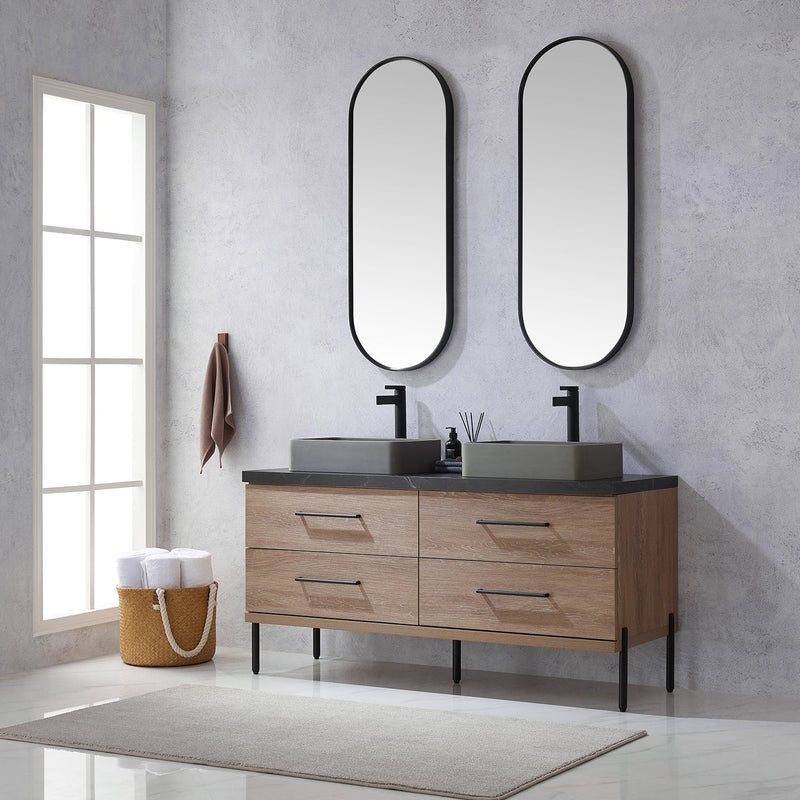 Vinnova 705160S-NO-SL Trento 60" Double Vanity in North American Oak with Black Sintered Stone Top with Rectangular Concrete Sink