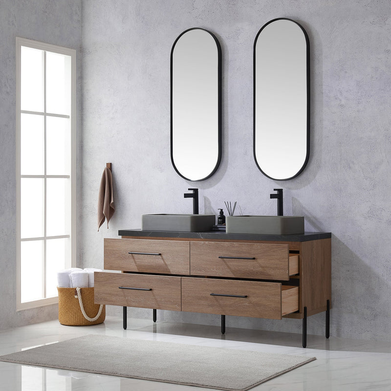 Vinnova 705160S-NO-SL Trento 60" Double Vanity in North American Oak with Black Sintered Stone Top with Rectangular Concrete Sink
