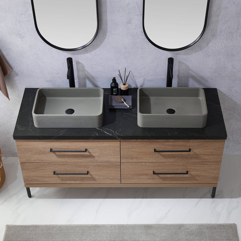 Vinnova 705160S-NO-SL Trento 60" Double Vanity in North American Oak with Black Sintered Stone Top with Rectangular Concrete Sink