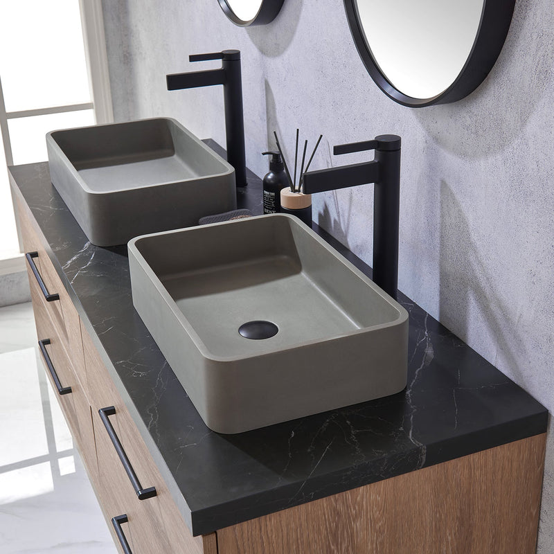 Vinnova 705160S-NO-SL Trento 60" Double Vanity in North American Oak with Black Sintered Stone Top with Rectangular Concrete Sink