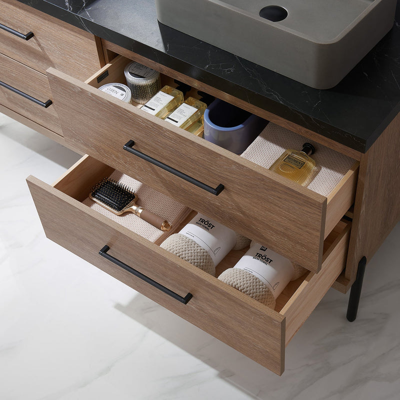 Vinnova 705160S-NO-SL Trento 60" Double Vanity in North American Oak with Black Sintered Stone Top with Rectangular Concrete Sink