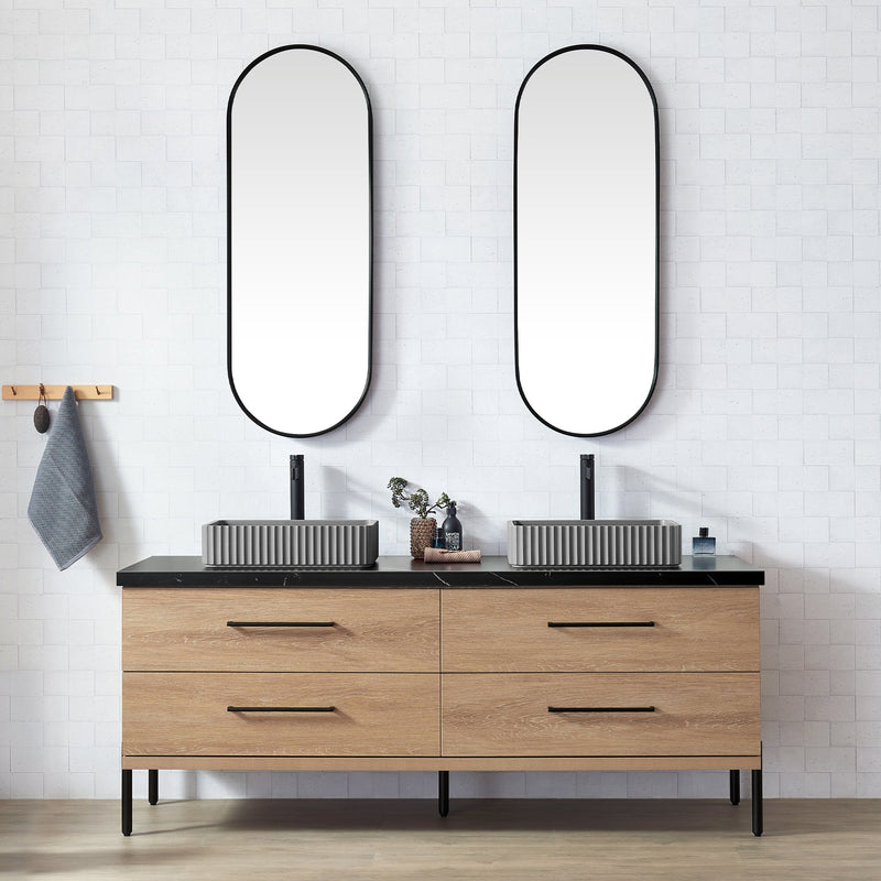 Vinnova 705172A-NO-SL Trento 72A" Double Sink Bath Vanity in North American Oak with Black Sintered Stone Top and Rectangular Concrete Sink