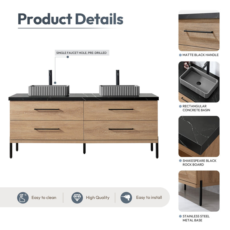 Vinnova 705172A-NO-SL Trento 72A" Double Sink Bath Vanity in North American Oak with Black Sintered Stone Top and Rectangular Concrete Sink