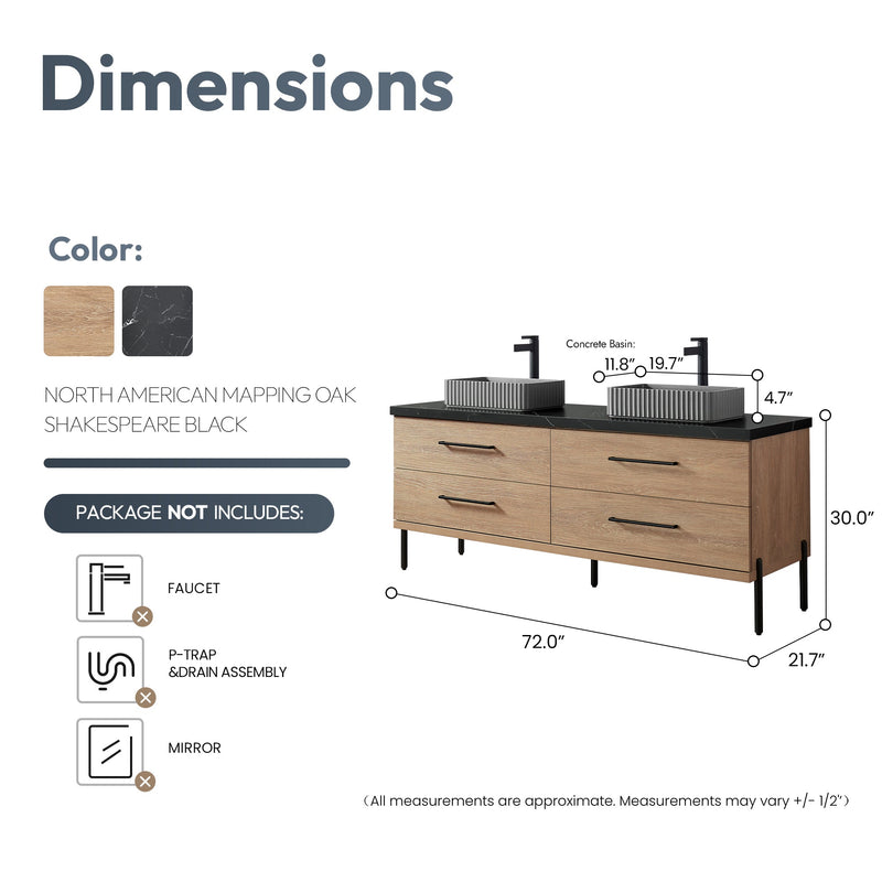 Vinnova 705172A-NO-SL Trento 72A" Double Sink Bath Vanity in North American Oak with Black Sintered Stone Top and Rectangular Concrete Sink
