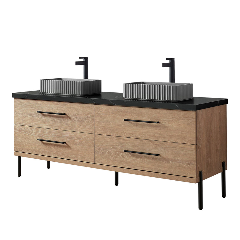 Vinnova 705172A-NO-SL Trento 72A" Double Sink Bath Vanity in North American Oak with Black Sintered Stone Top and Rectangular Concrete Sink