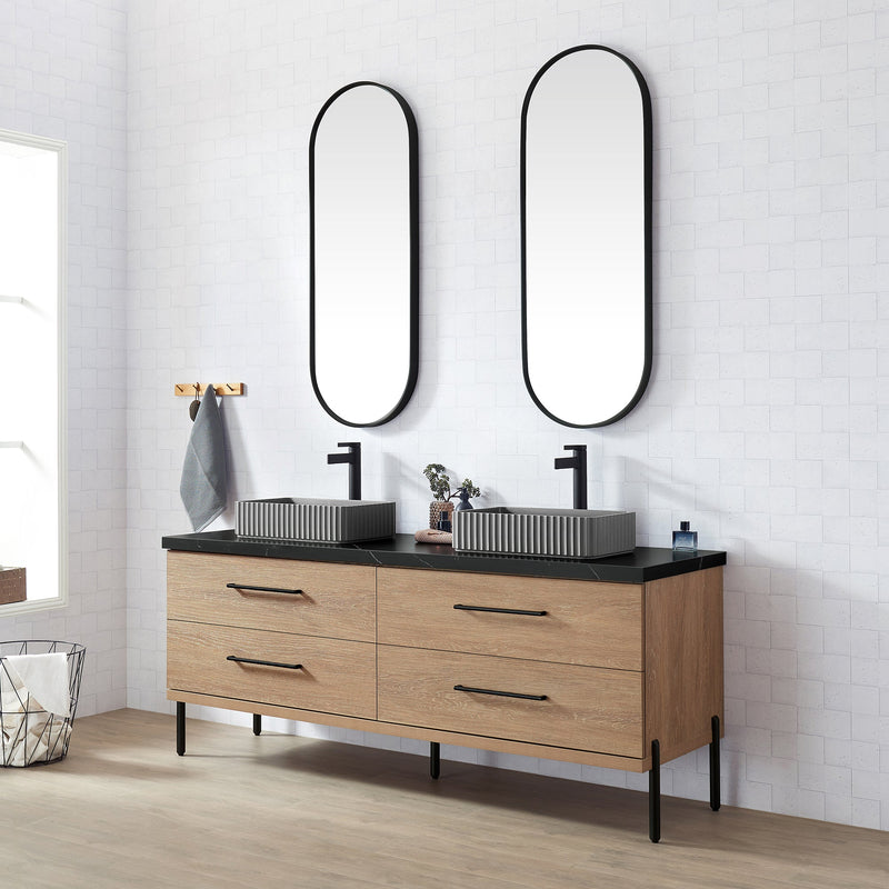 Vinnova 705172A-NO-SL Trento 72A" Double Sink Bath Vanity in North American Oak with Black Sintered Stone Top and Rectangular Concrete Sink