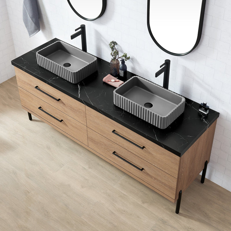 Vinnova 705172A-NO-SL Trento 72A" Double Sink Bath Vanity in North American Oak with Black Sintered Stone Top and Rectangular Concrete Sink