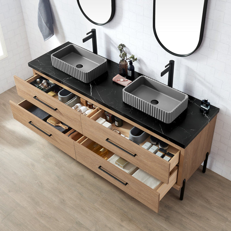 Vinnova 705172A-NO-SL Trento 72A" Double Sink Bath Vanity in North American Oak with Black Sintered Stone Top and Rectangular Concrete Sink