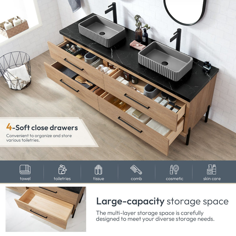 Vinnova 705172A-NO-SL Trento 72A" Double Sink Bath Vanity in North American Oak with Black Sintered Stone Top and Rectangular Concrete Sink