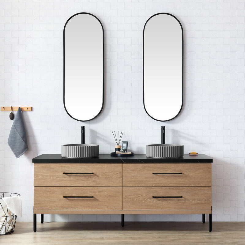 Vinnova 705172B-NO-SL Trento 72B" Double Sink Bath Vanity in North American Oak with Black Sintered Stone Top and Circular Concrete Sink