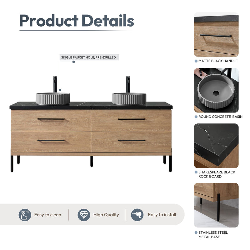 Vinnova 705172B-NO-SL Trento 72B" Double Sink Bath Vanity in North American Oak with Black Sintered Stone Top and Circular Concrete Sink