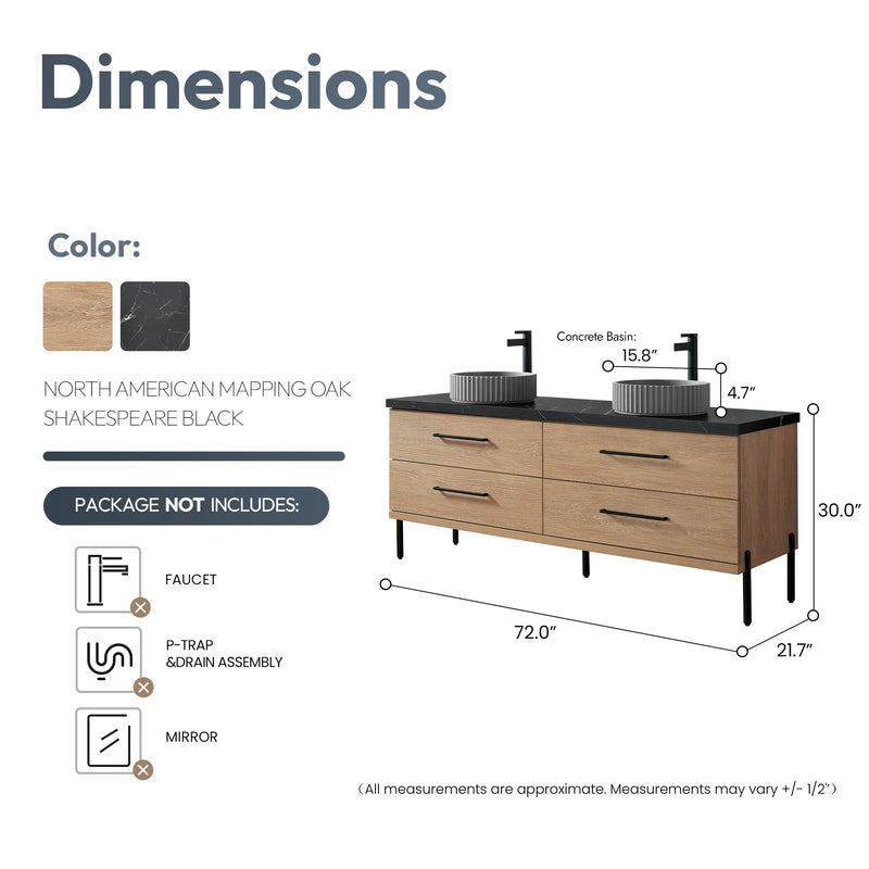 Vinnova 705172B-NO-SL Trento 72B" Double Sink Bath Vanity in North American Oak with Black Sintered Stone Top and Circular Concrete Sink