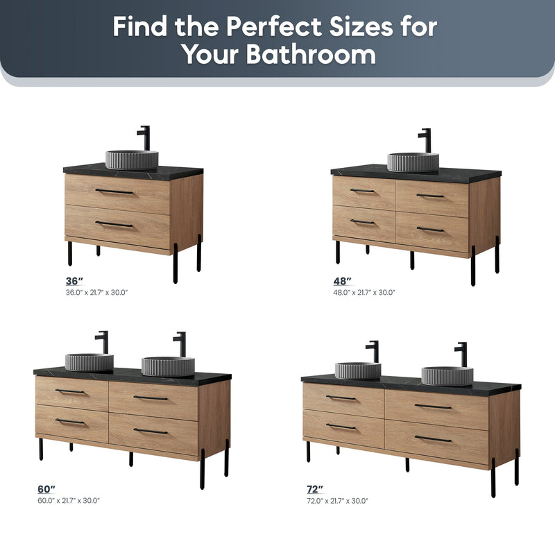 Vinnova 705172B-NO-SL Trento 72B" Double Sink Bath Vanity in North American Oak with Black Sintered Stone Top and Circular Concrete Sink