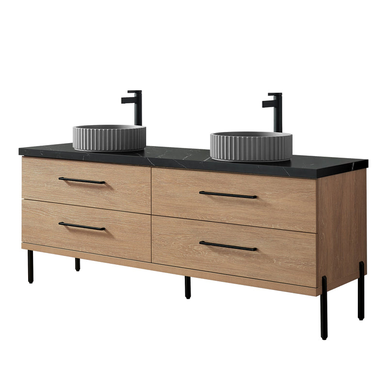 Vinnova 705172B-NO-SL Trento 72B" Double Sink Bath Vanity in North American Oak with Black Sintered Stone Top and Circular Concrete Sink