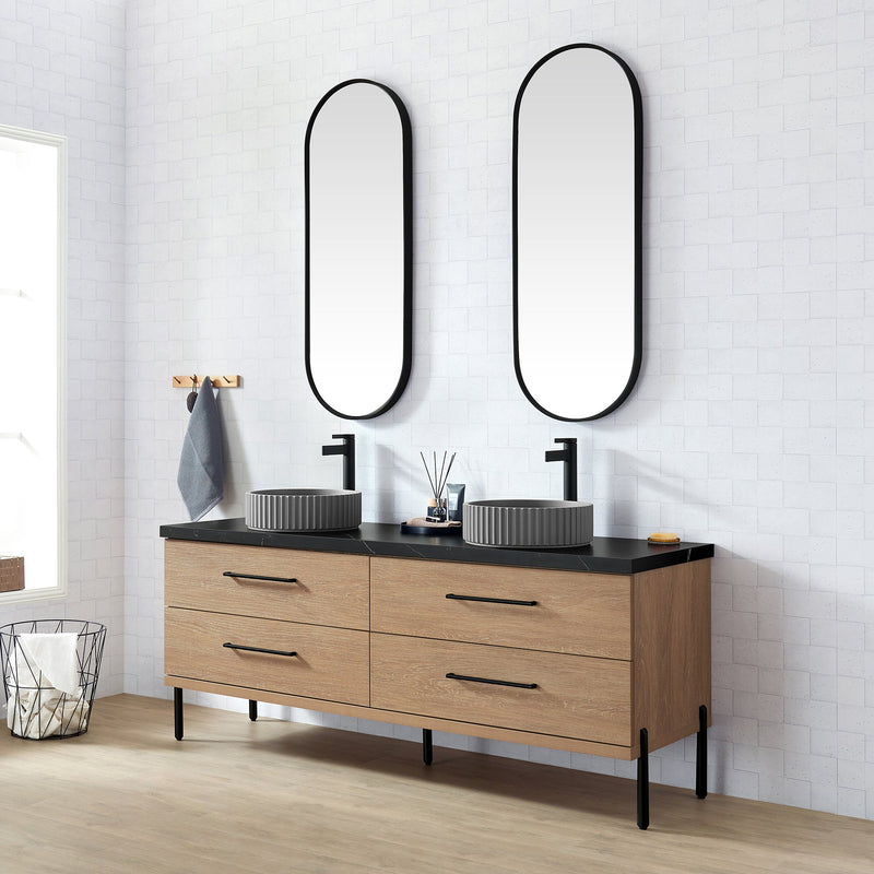 Vinnova 705172B-NO-SL Trento 72B" Double Sink Bath Vanity in North American Oak with Black Sintered Stone Top and Circular Concrete Sink