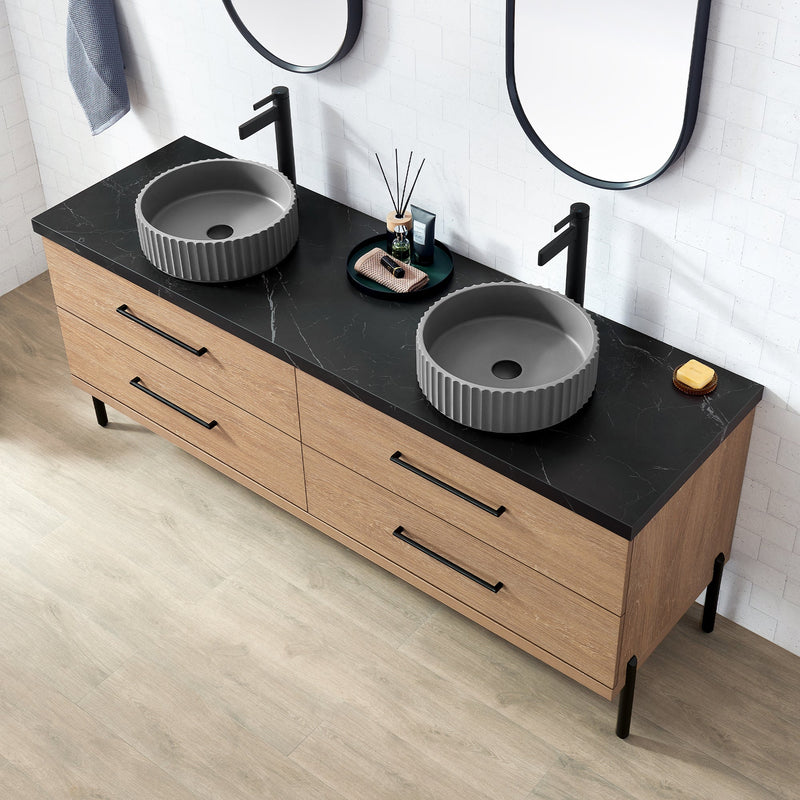 Vinnova 705172B-NO-SL Trento 72B" Double Sink Bath Vanity in North American Oak with Black Sintered Stone Top and Circular Concrete Sink