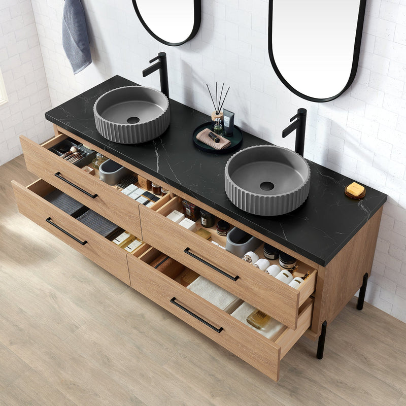 Vinnova 705172B-NO-SL Trento 72B" Double Sink Bath Vanity in North American Oak with Black Sintered Stone Top and Circular Concrete Sink