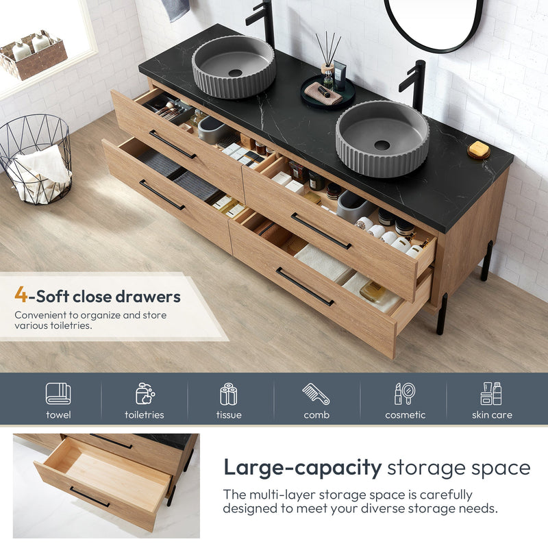 Vinnova 705172B-NO-SL Trento 72B" Double Sink Bath Vanity in North American Oak with Black Sintered Stone Top and Circular Concrete Sink