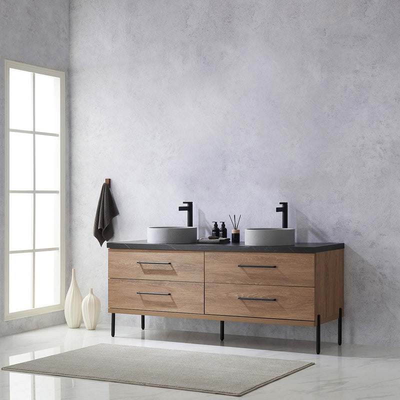 Vinnova 705172C-NO-SL Trento 72" Double Vanity in North American Oak with Black Sintered Stone Top with Circular Concrete Sink