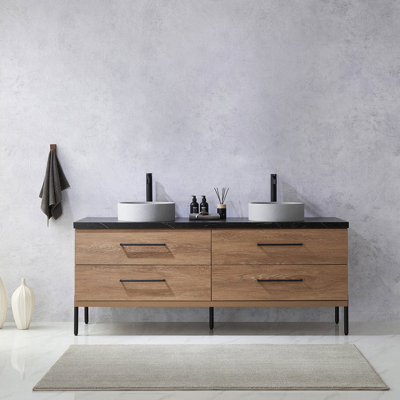 Vinnova 705172C-NO-SL Trento 72" Double Vanity in North American Oak with Black Sintered Stone Top with Circular Concrete Sink