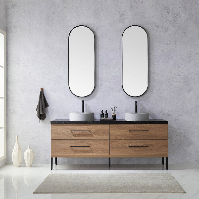 Vinnova 705172C-NO-SL Trento 72" Double Vanity in North American Oak with Black Sintered Stone Top with Circular Concrete Sink