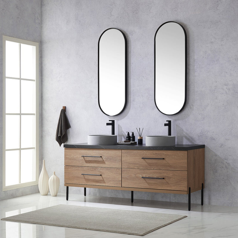 Vinnova 705172C-NO-SL Trento 72" Double Vanity in North American Oak with Black Sintered Stone Top with Circular Concrete Sink