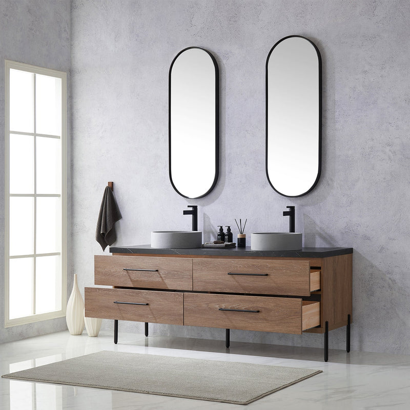 Vinnova 705172C-NO-SL Trento 72" Double Vanity in North American Oak with Black Sintered Stone Top with Circular Concrete Sink