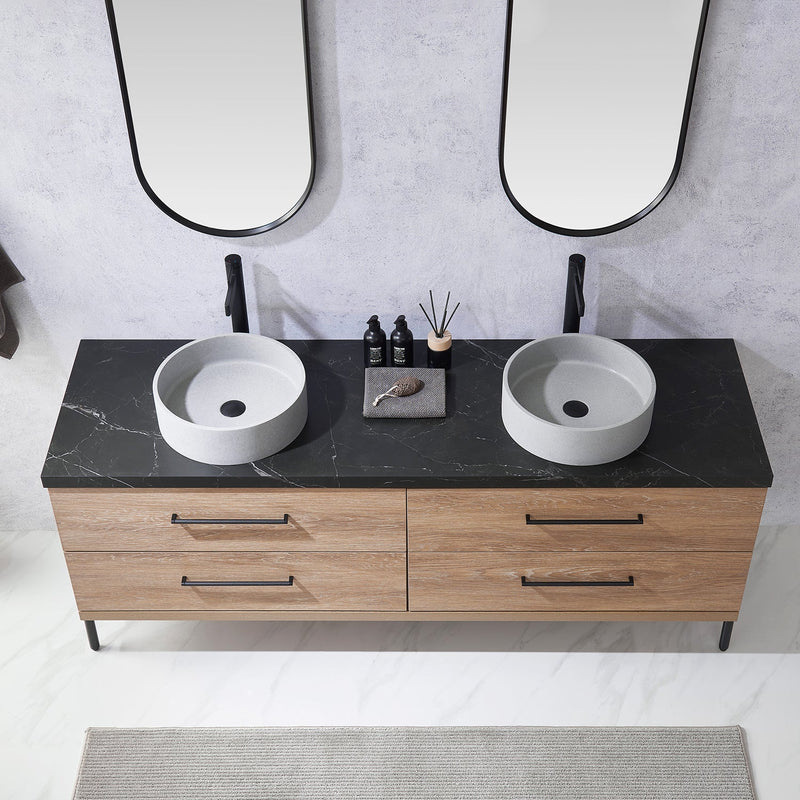 Vinnova 705172C-NO-SL Trento 72" Double Vanity in North American Oak with Black Sintered Stone Top with Circular Concrete Sink