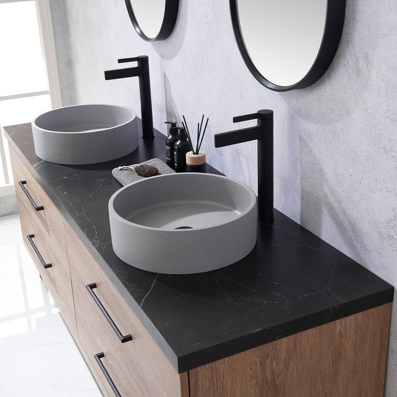 Vinnova 705172C-NO-SL Trento 72" Double Vanity in North American Oak with Black Sintered Stone Top with Circular Concrete Sink
