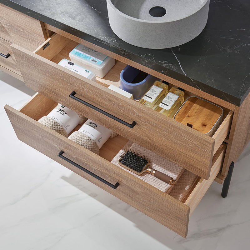 Vinnova 705172C-NO-SL Trento 72" Double Vanity in North American Oak with Black Sintered Stone Top with Circular Concrete Sink